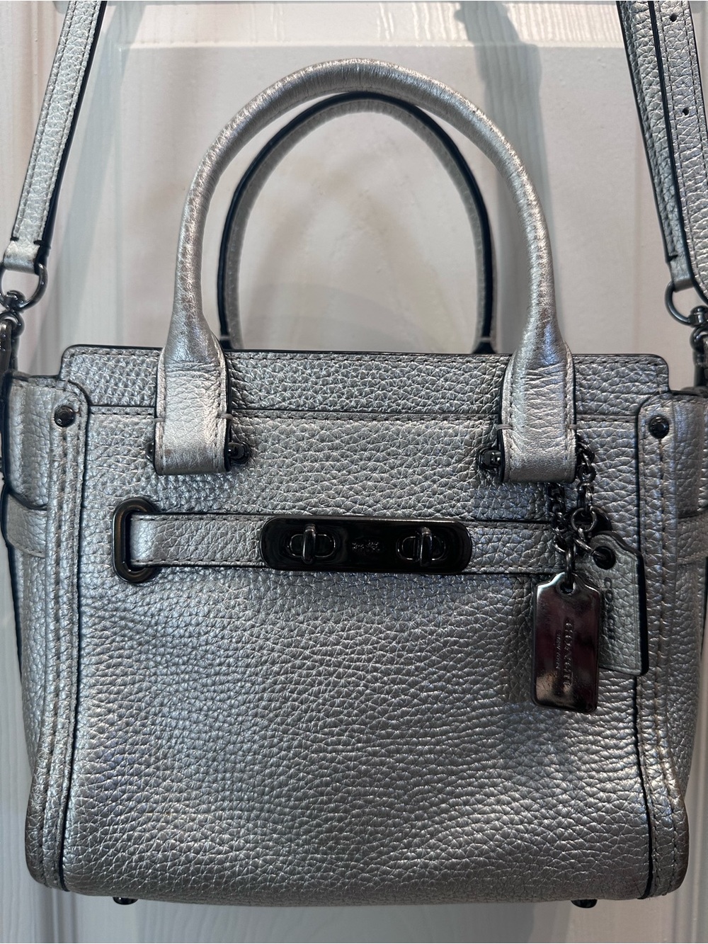 Coach Metallic Silver Leather Mini Swagger Satchel